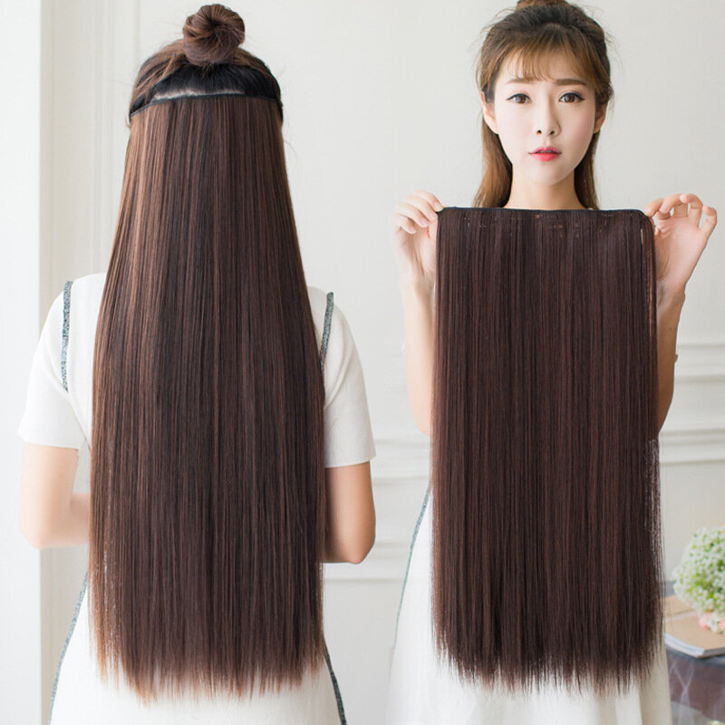 Sintetico 5 Clip nelle estensioni dei capelli lungo rettilineo acconciatura parrucchino nero marrone biondo 50 60 70CM capelli finti naturali per le donne