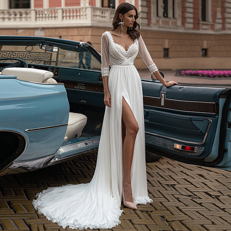 Boho chiffon laço vestido de casamento 2021 corte fenda v-neck 3/4 mangas compridas sem costas vestidos de noiva elegante boêmio vestidos de noiva branco