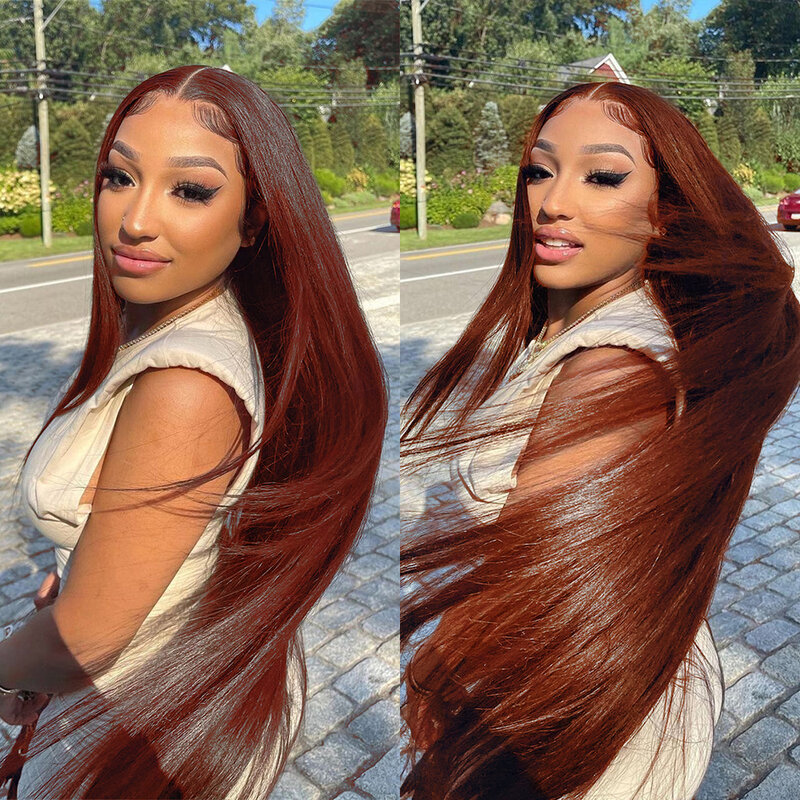 Peluca de cabello humano liso para mujer, postizo de encaje Frontal, color marrón rojizo, 4x4, 13x4