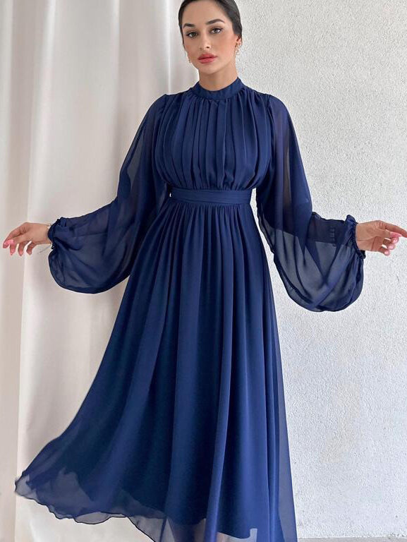 Bellissimo abito da donna mezzo collo alto abiti pieghettati con manica lunga Slim elegante abito in Chiffon nero per donna estate 2024