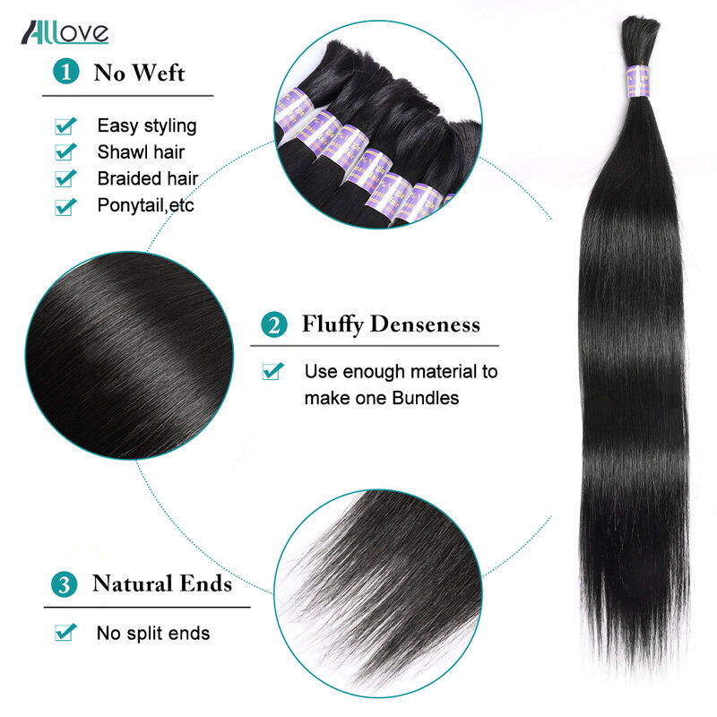 Allove Bulk Straight  Human Hair For Braiding 100% Unprocessed No Weft Hair Bulk Extensions Brazilian Remy Hair