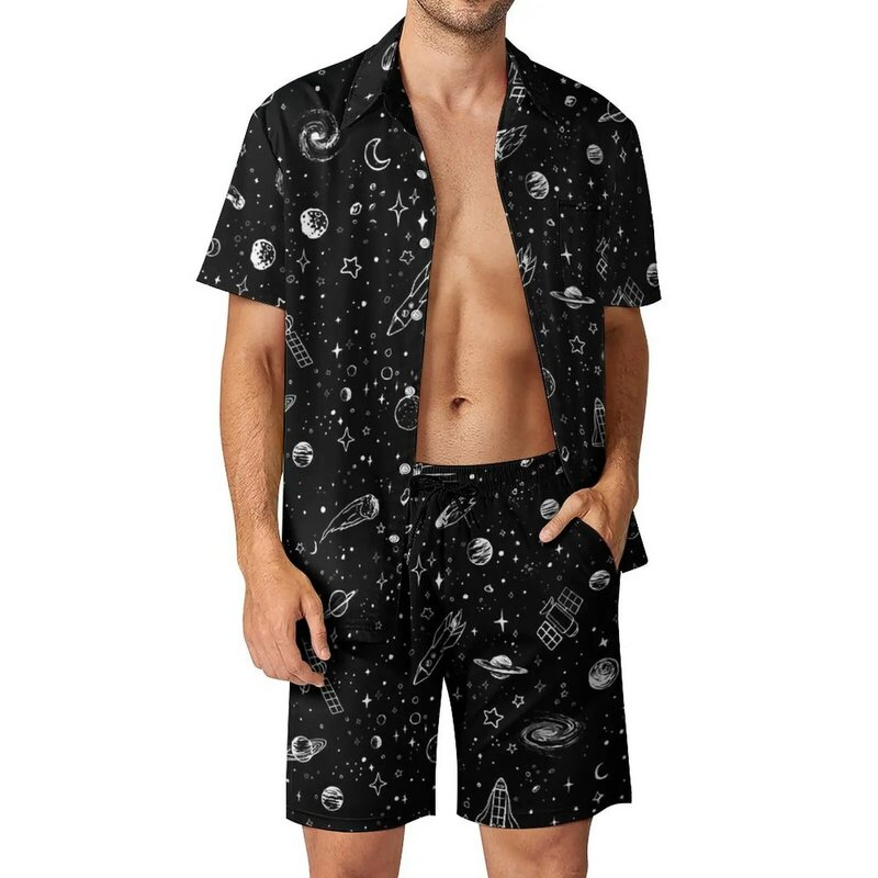 أطقم شورت رجالي مطبوع عليها نجوم ليلية ، طقم قميص شاطئ غير رسمي ، بدلة صيفية رائجة ، ملابس كبيرة الحجم بأكمام قصيرة