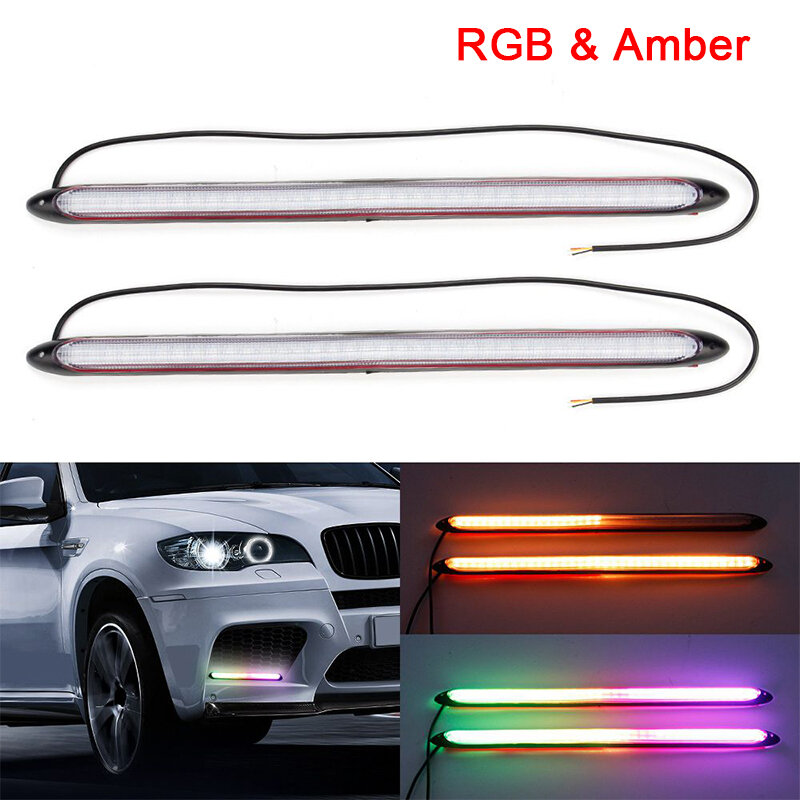 Luces LED de circulación diurna para coche, faro impermeable con flujo secuencial, señal de giro amarilla, luz diurna externa blanca o RGB, 2 piezas