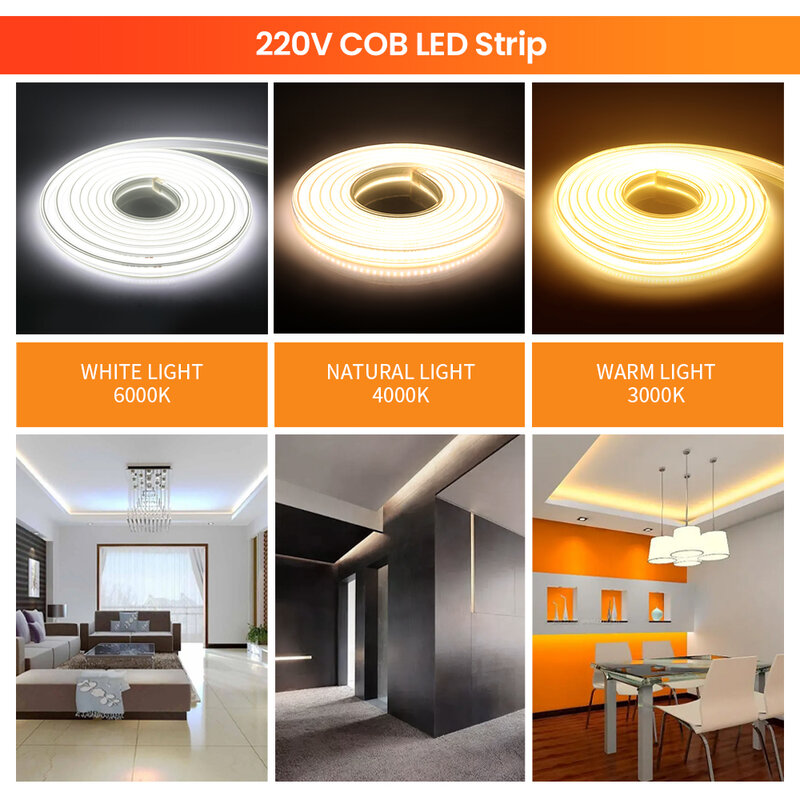 AC 220V COB LED 스트립 라이트 슈퍼 브라이트 360LEDs/m 방수 실외 램프, 유연한 Led 테이프 선형 조명 스위치 EU 플러그