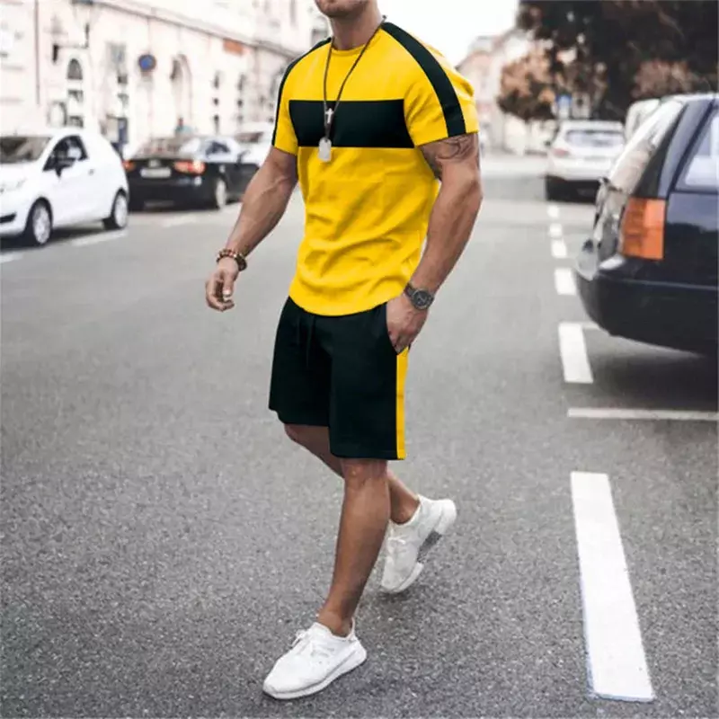 Conjuntos masculinos de treino listrados de 2 peças, camiseta casual de manga curta, roupas streetwear para jogger, roupa esportiva impressa em 3D, moda