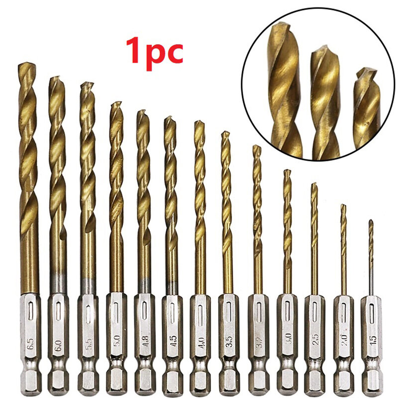 Broca de aluminio de acero de alta velocidad, vástago hexagonal, 13 diferentes, 1,5mm/0,06 "oro 1/4", 1 pieza de hierro