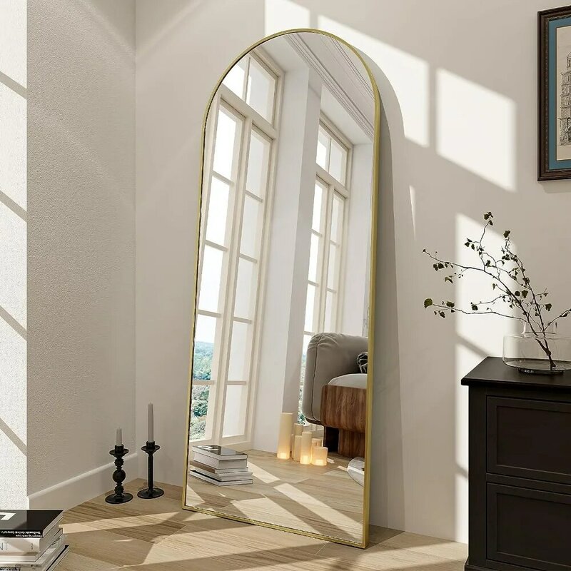 Espejo de pared de cuerpo completo con soporte para dormitorio, espejo de arco de 65 "x 24", espejo colgante o inclinado, parte superior arqueada