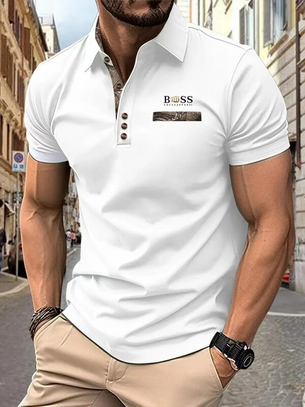 Новая Однотонная рубашка-поло, с коротким рукавом, двухслойный воротник, повседневная, модная, дышащая, приятная для кожи Летняя мужская рубашка