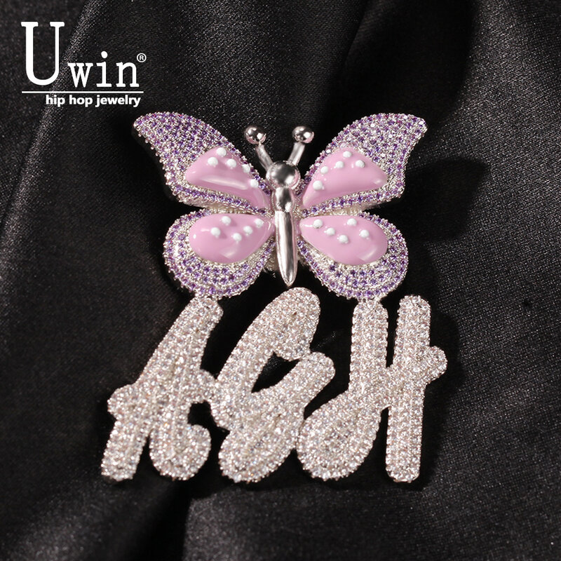 Uwin-名前と蝶の名前が付いたパーソナライズされたペンダント付きのブラシレターネックレス