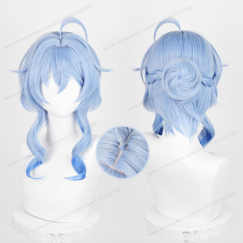 Wig Cosplay lentera Rite Ganyu rambut palsu Cosplay Anime rambut gradien biru panjang 45cm Wig sintetis tahan panas