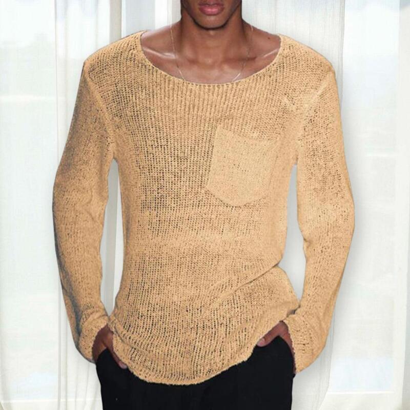 Suéter de malha com gola O masculino, design oco, ajuste solto, pulôver elegante casual, cor sólida, apto para um