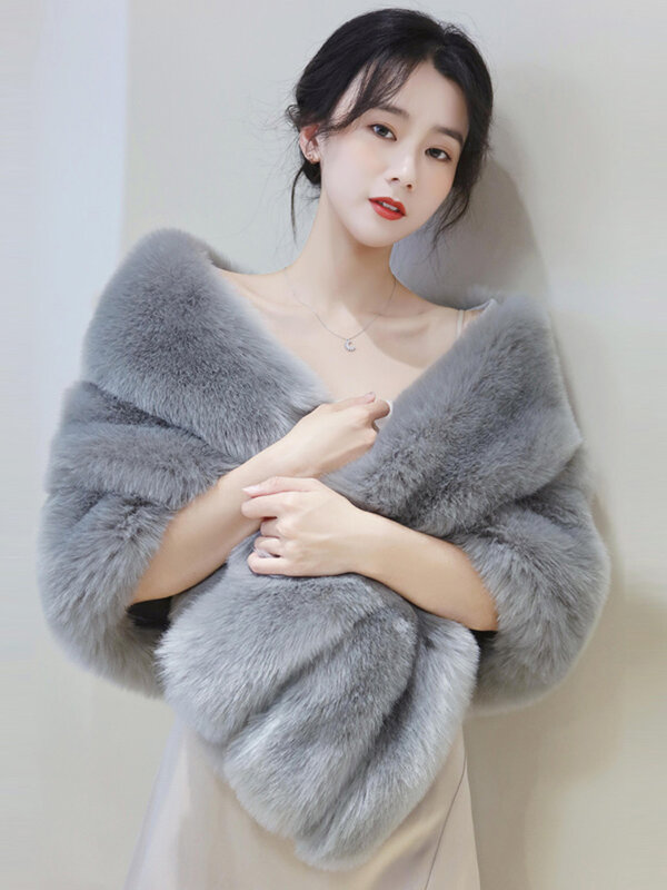 Fur Shawl SolidColor Women's Short Loose Fashion Wedding Accessories Autumn and Winter Thick Warm High-End Banquet Cape Coat 1Pc