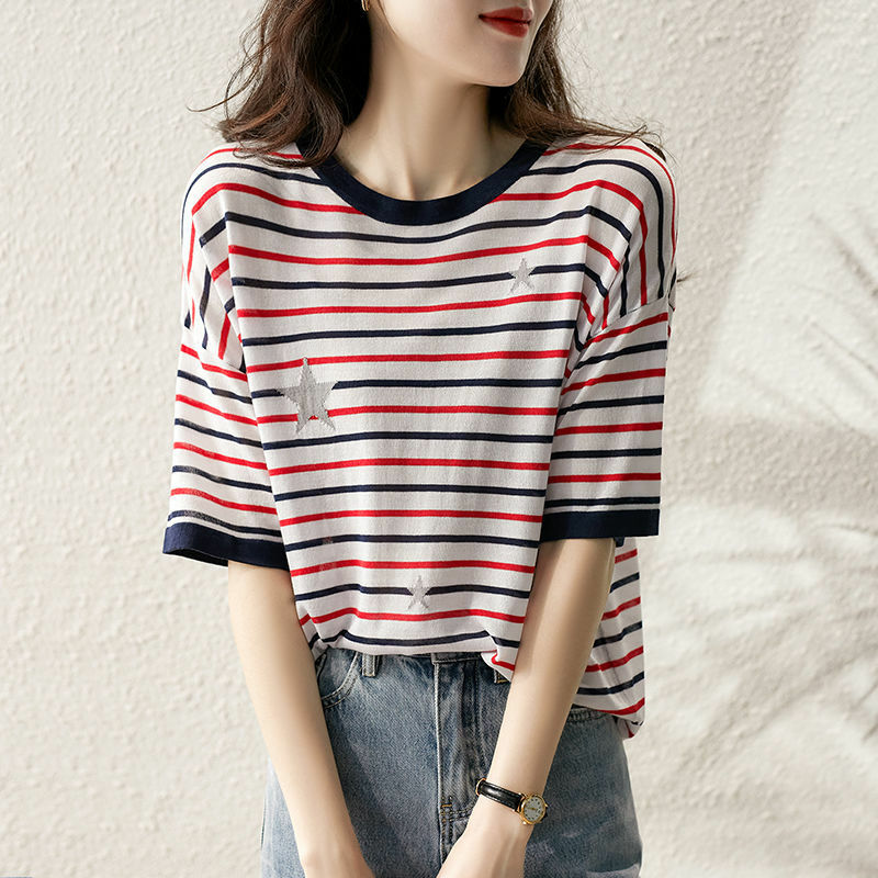 Simplicity Fashion New Summer Women's Round Neck Striped Contrast Color Casual Versatile Short Sleeve Loose Knit T-shirt Top
