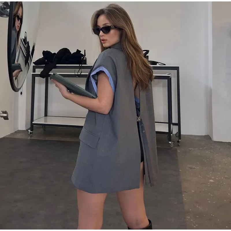 Dames Nieuwe Mode Flip Decoratie Losse Contrasterende Vest Stijl Mini Jurk Retro Rugloze Damesjurk Mujer
