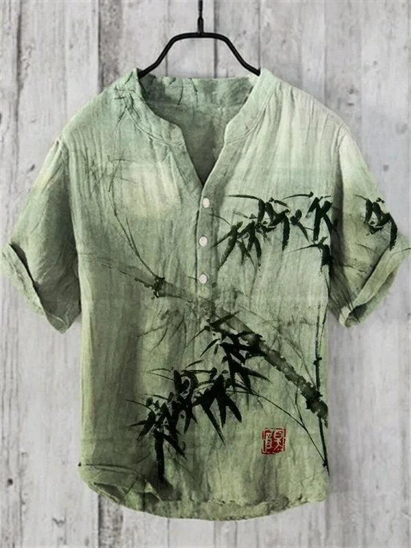 3Dプリントバンブーリネンシャツ,半袖,ボタン付きプルオーバー,カジュアル,ルーズ,ニューコレクション2024