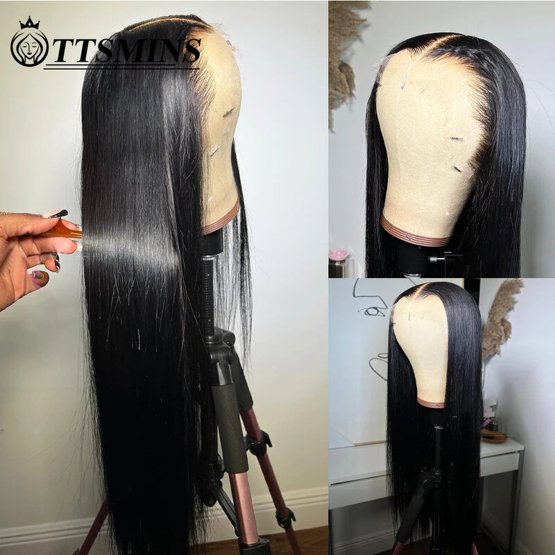 Peluca de cabello humano liso para mujer, pelo prearrancado 180% Natural, negro, HD, transparente, encaje Frontal, listo para usar