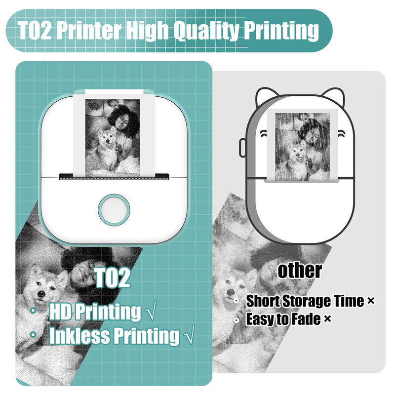 Phomemo-T02 Mini impressora térmica portátil do bolso, etiquetas autoadesivas, DIY, jornal, máquina de impressão