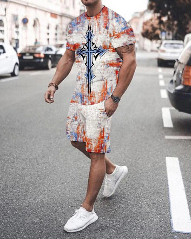 أزياء تي شيرت مجموعة الصيف الرجال مجموعات التدرج اللون طباعة الرجال الملابس 2 قطعة الزي من الرياضية قصيرة الأكمام الشارع الشهير