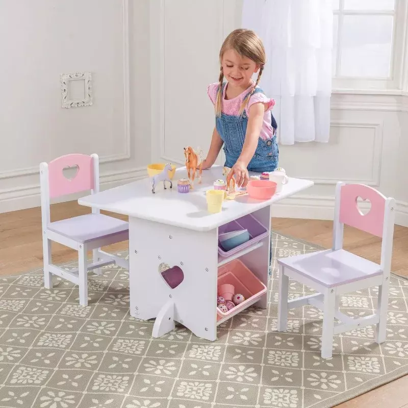 KidKraft meja & kursi kayu Set dengan 4 tempat penyimpanan, furnitur anak-anak-merah muda, ungu & putih, hadiah untuk usia 3-8