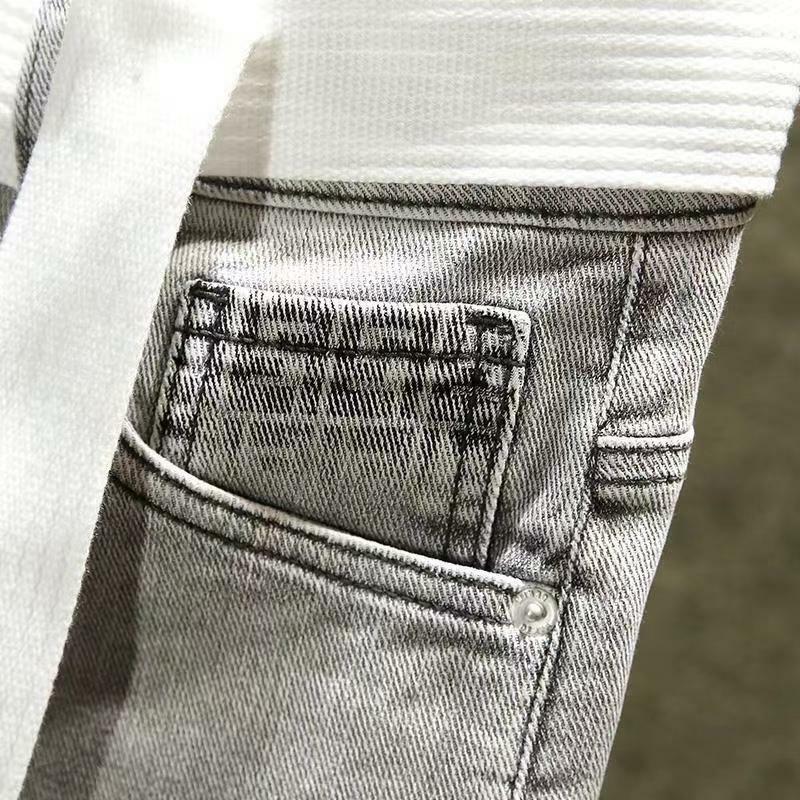 Jeans jeans stretch casual na moda masculina, design estampado cinza esfumaçado, slim fit, moda Harajuku coreana, streetwear de luxo, primavera, outono