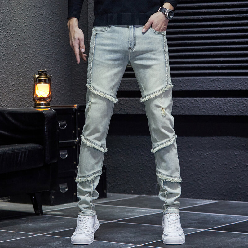 Amerikaanse High Street Jeans Heren Vintage Gewassen Gerafelde Casual Mode Stiksels Trendy Slanke Stretch Rechte Broek
