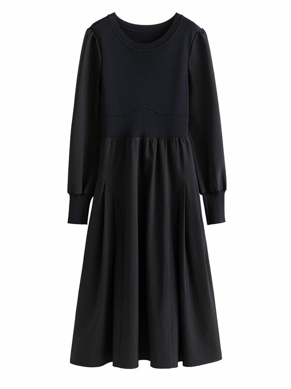 Djoin-女性用の黒いスカート,丸い襟,ミッドカーフ,パッチワークデザイン,オフィスウェア,女性用のスリムフィット