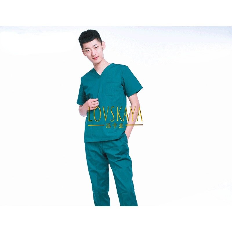เสื้อผ้าห้องผ่าตัดสีเขียวเข้มระบายอากาศได้ดีซักมือชุด Baju bedah คอตตอนโพลีเอสเตอร์แขนสั้น