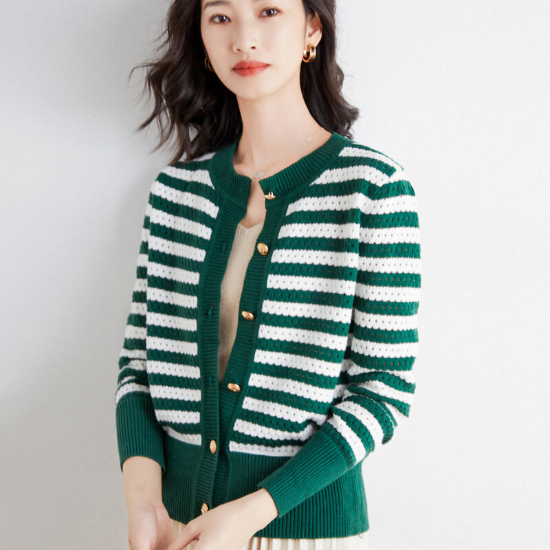 Spring Autumn Basic Striped Knitted Cardigan Women's All-Match Loose Solid Color Long-Sleeved Round Neck Short Top Inner Sweater
