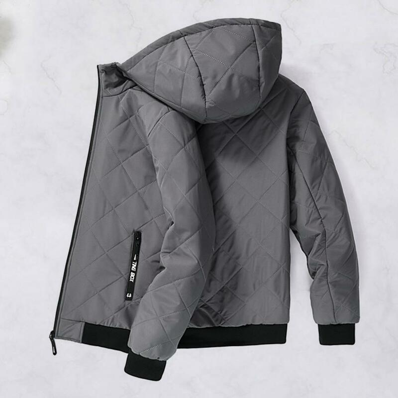 추운 날씨 두꺼운 코튼 코트, 아늑한 세련된 남성용 중간 길이 다운 코트, 후드 포함, 따뜻한 내한 지퍼, 가을 및 겨울
