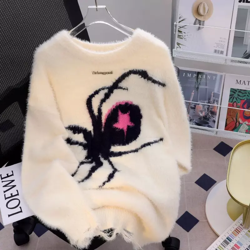 Новый высококачественный белый американский Ретро нишевый свитер паука для мужчин и женщин на осень и зиму качественный мраморный свитер для