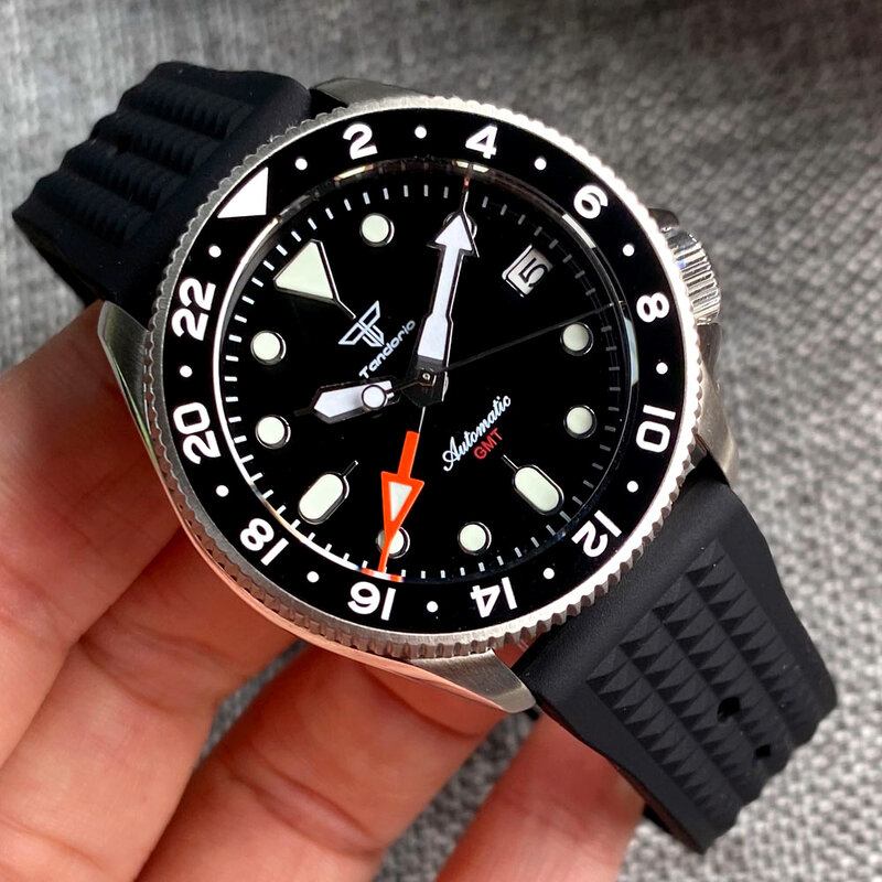 Tandorio NH34 GMT 37mm นาฬิกาผู้ชายอัตโนมัติหน้าปัดสีส้ม20ATM 24ชั่วโมงกันน้ำ3.8มงกุฎวาฟเฟิลสายเหล็กนาฬิกาสป...