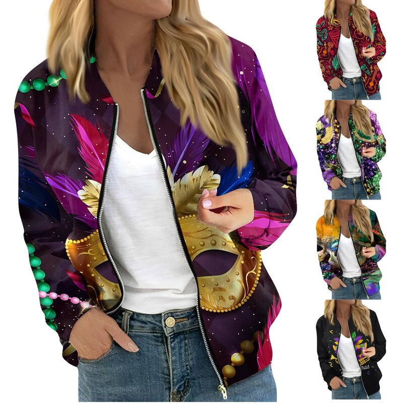 Jaket untuk wanita lengan panjang ringan Zip Up Cropped modis-forward Mardi Gras Print pakaian luar kasual berlapis kualitas tinggi