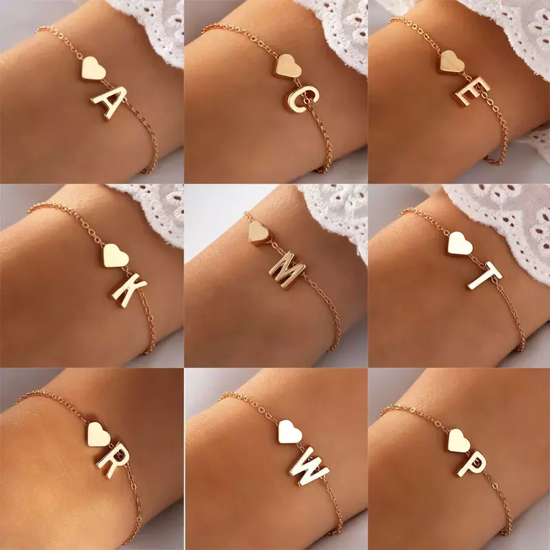 Ladies Couple Anniversary Jewelry Gift Fashion English Initials Heart Shape Bracelet Personalized DIY Name Bracelet for Girls