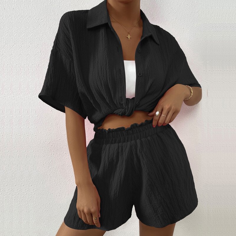 Plus Size Textured Button Through Short Sleeve Shirt And Shorts