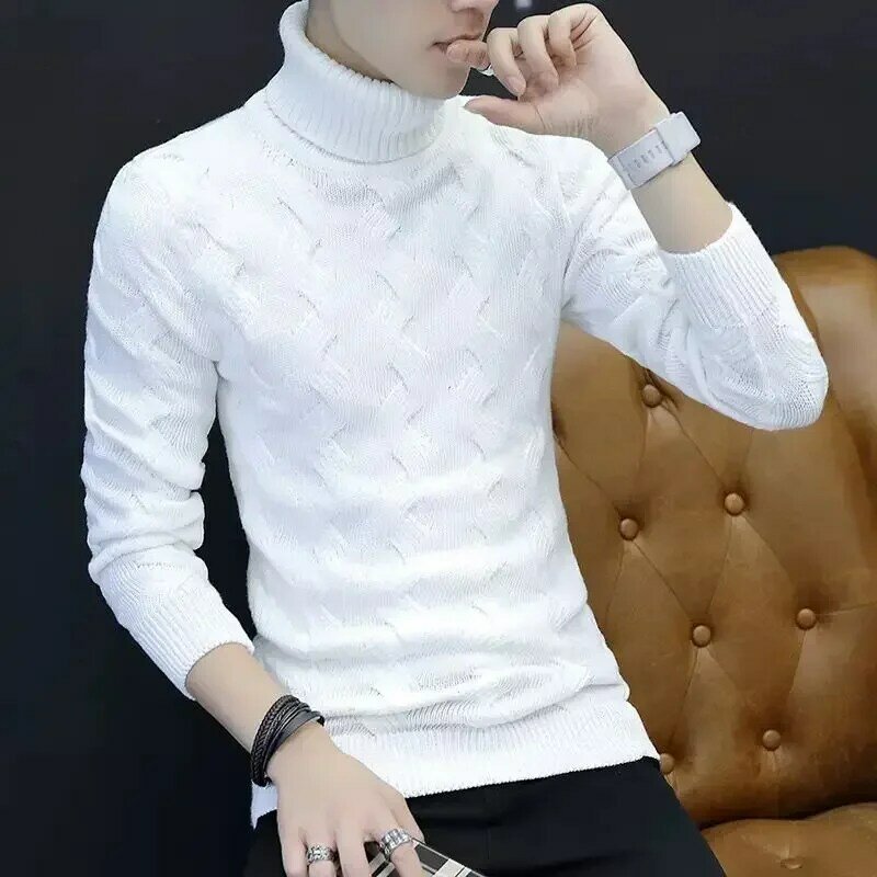 Modne golfy w jednolitym kolorze fałdy swetry w stylu Casual odzież męską 2024 zimowe luźne koreańskie swetry ciepłe bluzki