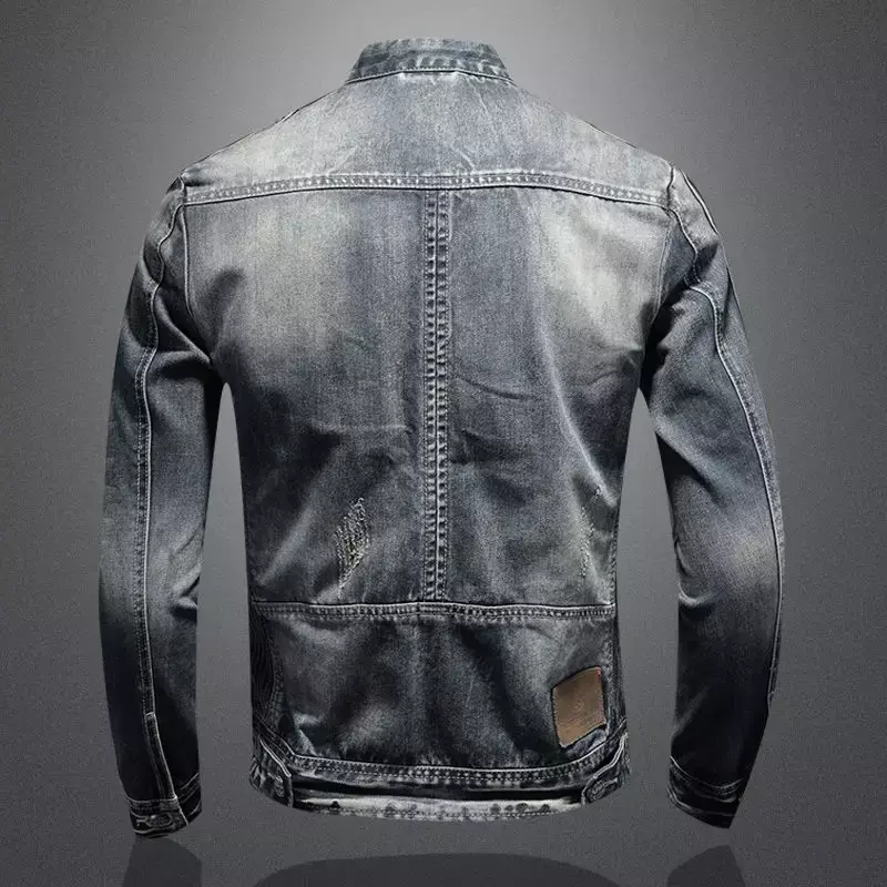 Jaqueta jeans casual de gola alta masculina, jaqueta com zíper, roupa de motociclista bonito, tops jeans, moda retrô, nova, 2023