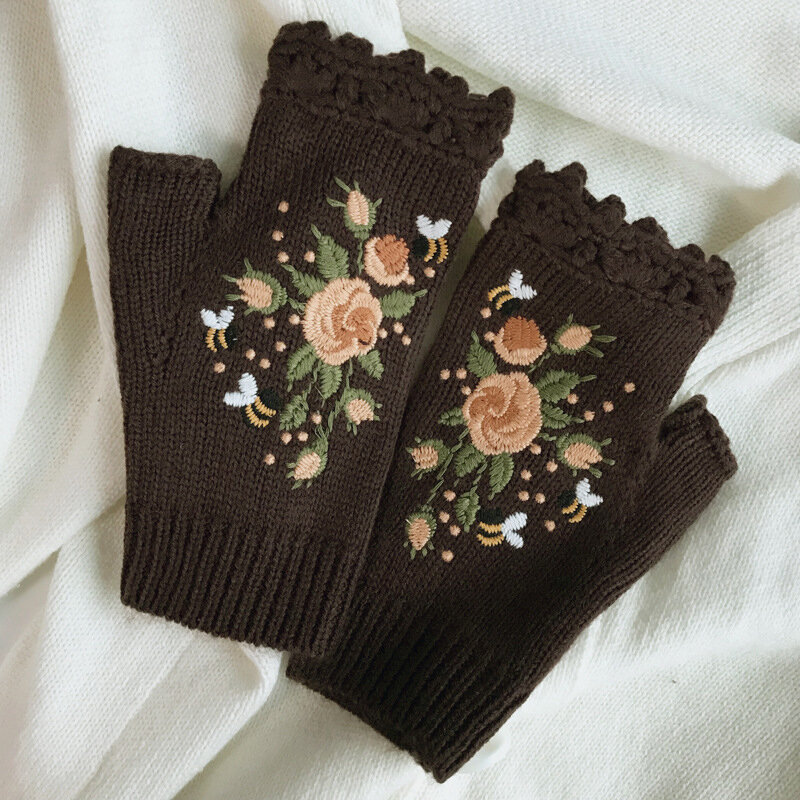 Sarung tangan wanita musim dingin setengah jari sarung tangan tanpa jari bunga lembut sarung tangan bordir buatan tangan katun rajut hangat sarung tangan kerja sarung tangan