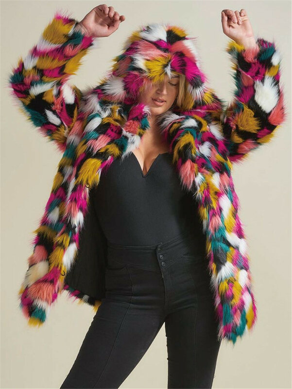 Abrigo largo de piel sintética con capucha para mujer, moda de ocio, calle alta, invierno, 2023