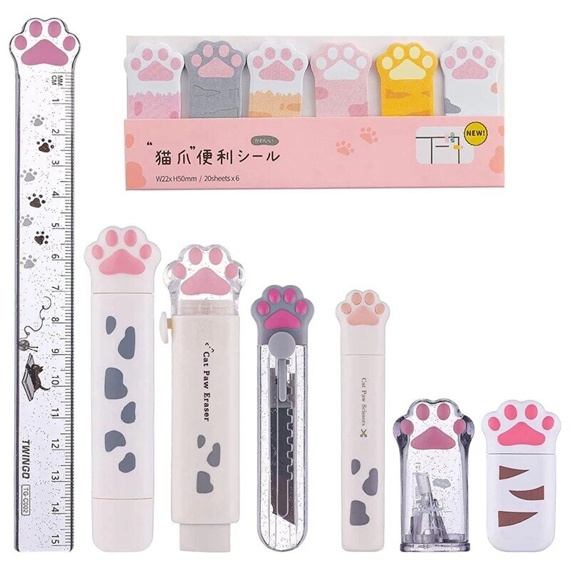 8 Pcs Cute Cat Paw Stationery Set Kawaii School Supplies Including Pencil Sharpener Retractable Eraser Reusable Durable (White)