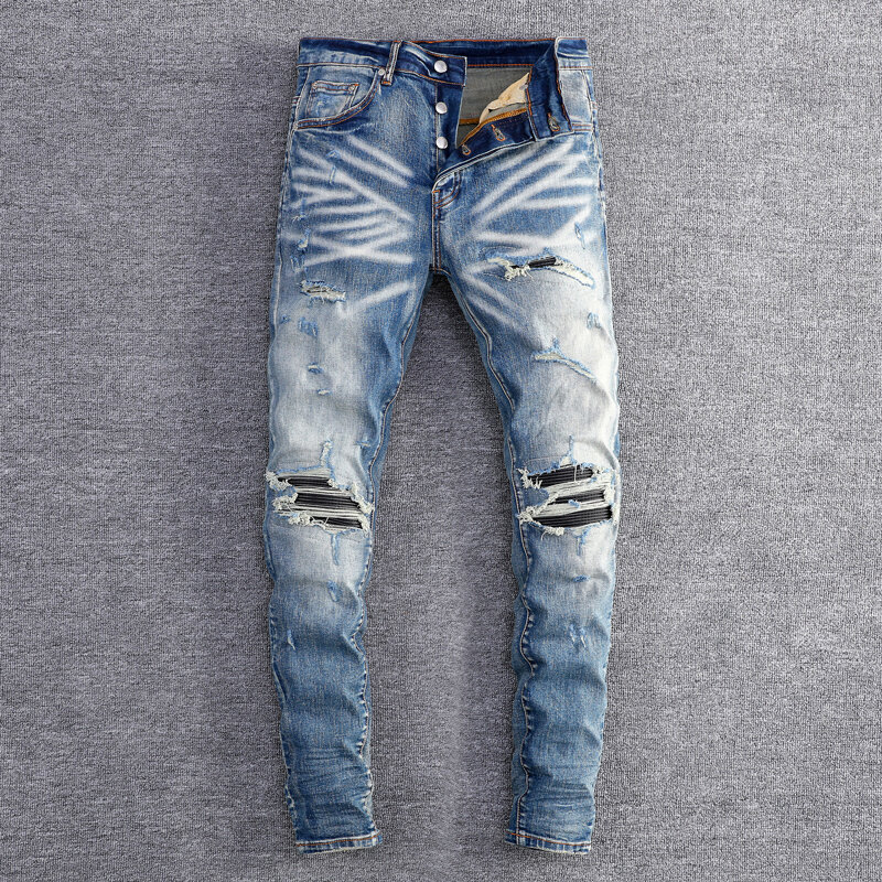 Jeans de couro retrô azul magro rasgado masculino, calça designer remendada, marca hip-hop, moda de rua alta
