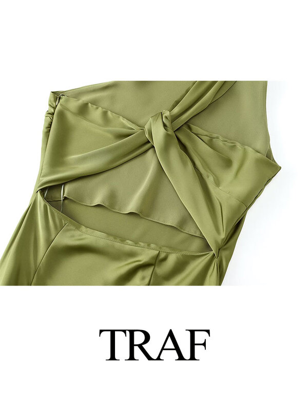 Traf-女性の非対称ノースリーブロングワンピース、シックなヴィンテージバックレスプリーツ、サイドジッパー、単色イブニングドレス、2022