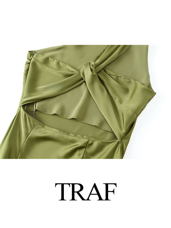 Traf 2024เดรสผู้หญิงสไตล์วินเทจแขนกุดเปิดหลังพับได้ชุดราตรียาวสีทึบแขนกุดไม่สมมาตร