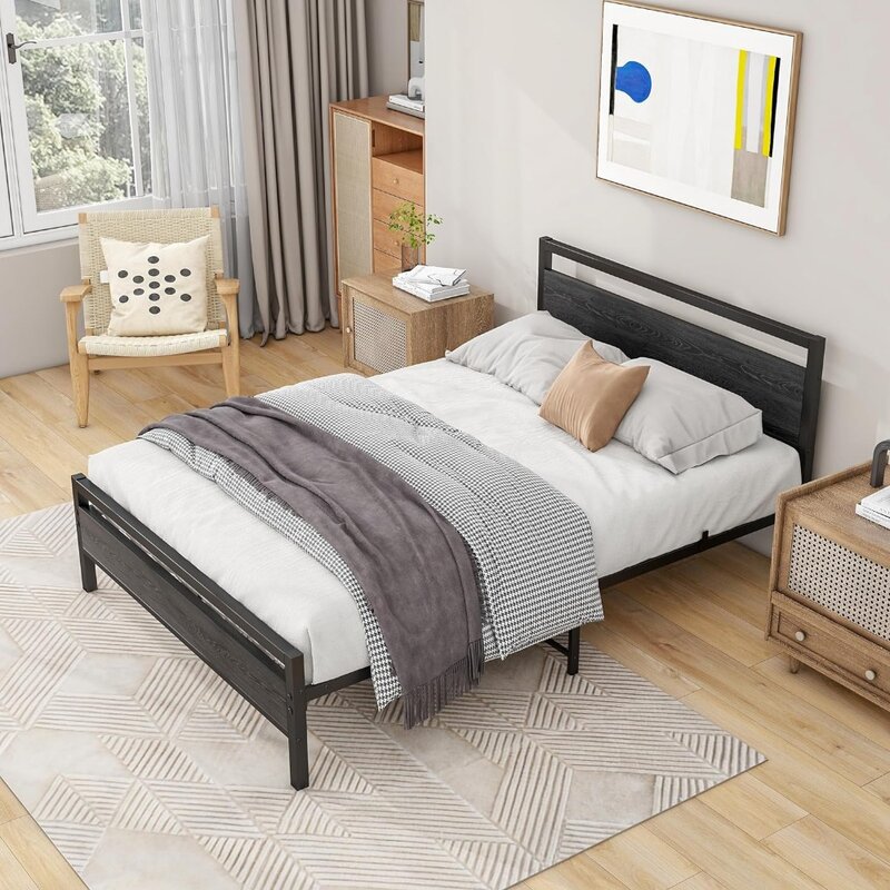 Black Full Size Bed Frame with Wood Headboard,Industrial Metal Platform Bed Frame Full Size with Storage,No Box Spring Needed