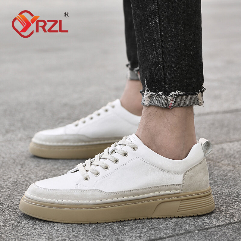 YRZL Mens Genuine Cowhide Leather Skateboard Shoes Comfortable Casual Flats Lace Up Moccasins Non Slip Men Shoes