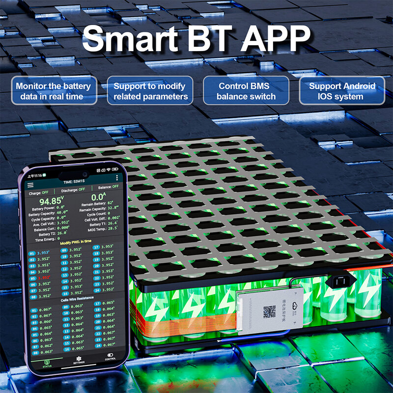 Jk bms smart jikong bms、1aバランスbtアプリ、rs485、2s-24s、40a-200a、LiFePo4リチウムイオンバッテリーパック用