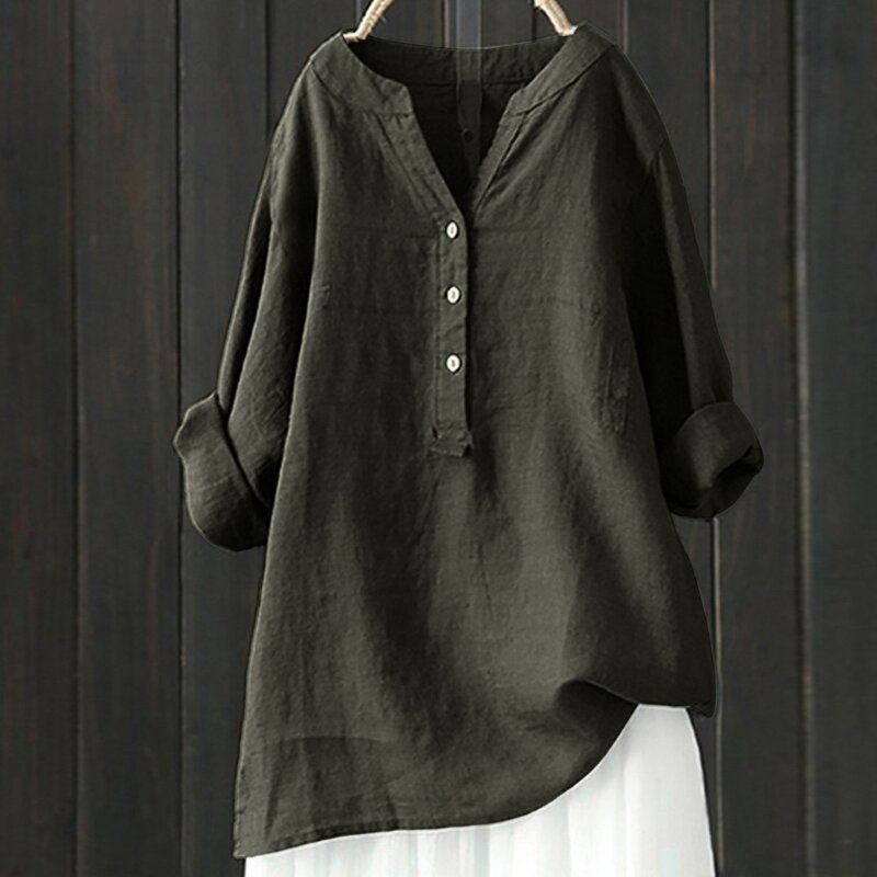Camisa casual solta de linho de algodão feminina, manga comprida, blusa grande, vintage, primavera, verão, plus size, 5XL, 2024