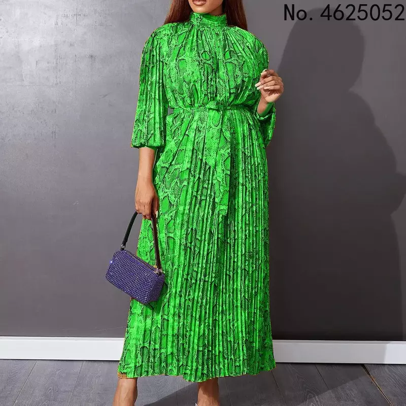 2024 Summer Women New Fashion Temperament Printed Puff Sleeves Pleated Waist Lace Up Long Dress