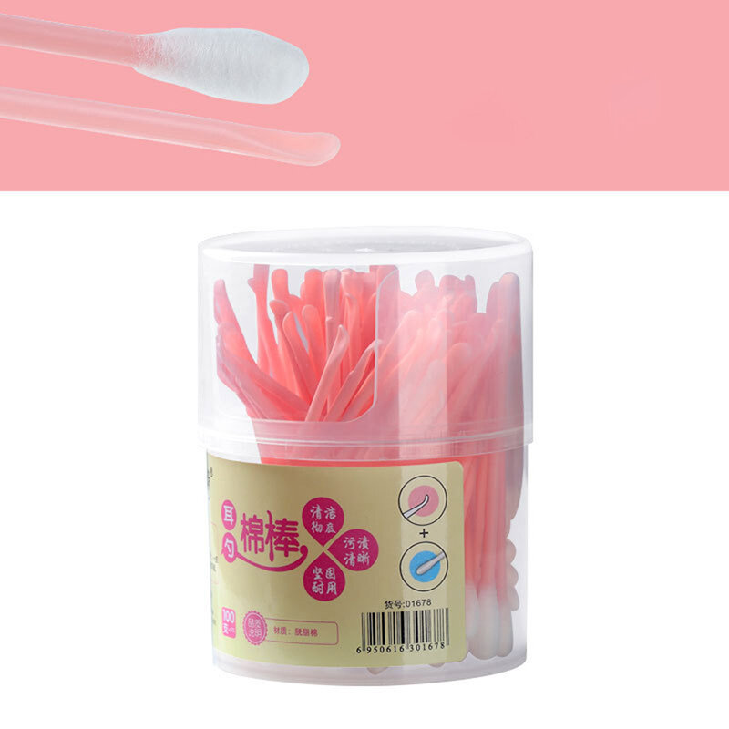 100 Count 2 in 1 Cotton Swabs with Black/Blue/Pink Plastic Stick, Double Tipped Ear Sticks Ear Wax Removal Tool for Ear Cleaner
