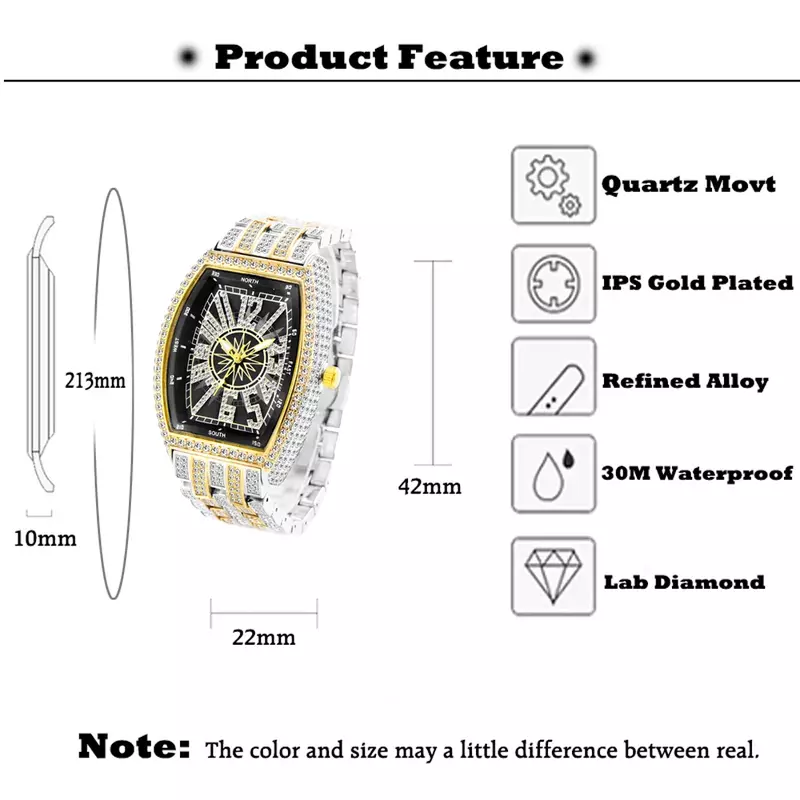 Missfox Franck Arab Quartz Watch for Men Luxury Tonneau Iced Out Bling Diamond Hip Hop Watches Mens AAA Clock Male Wristwatches
