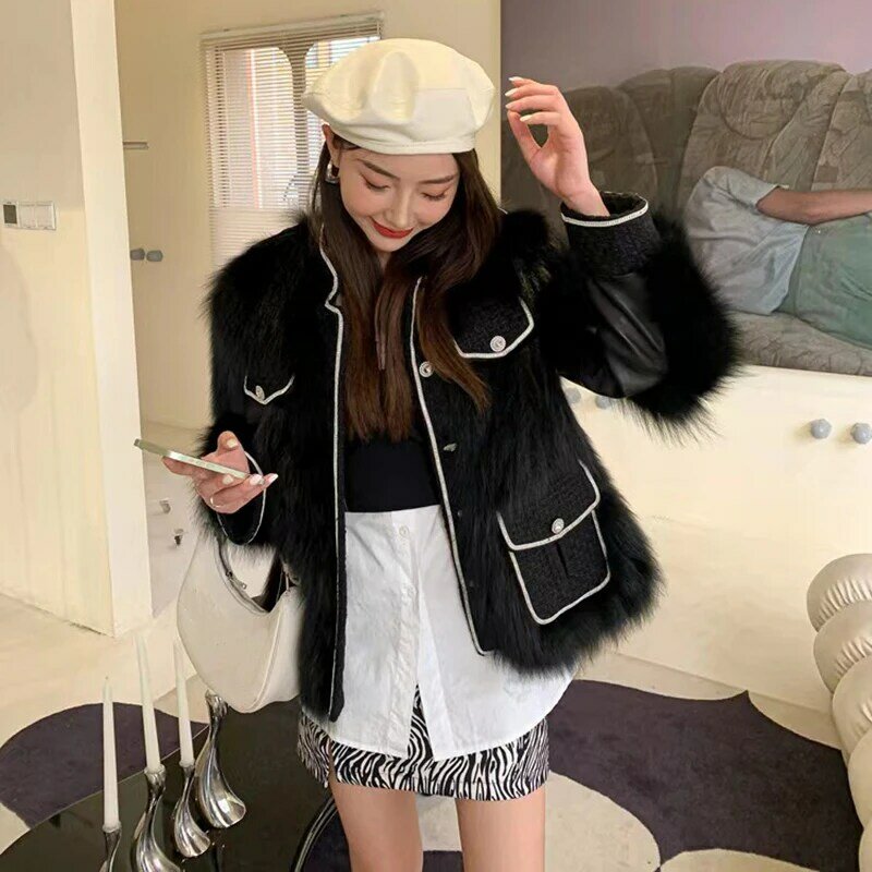 Winter Woman Coat 2022 Very Warm Socialite Style Diamond Decoration Single-Breasted Full Pelt Black Fox Fur Jackets Ceketler